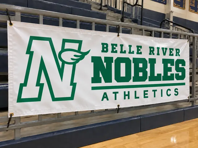 Concept mockup of a Belle River Nobles athletics vinyl banner in a school gym