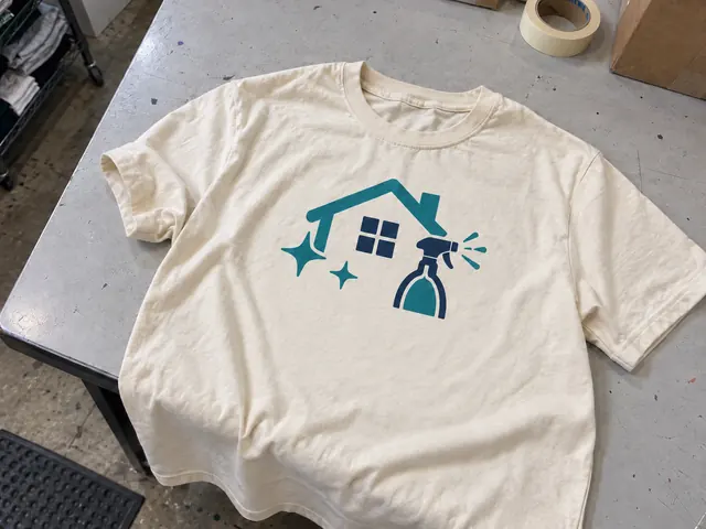 Cleaning business logo printed on a cream T-shirt on a workshop table